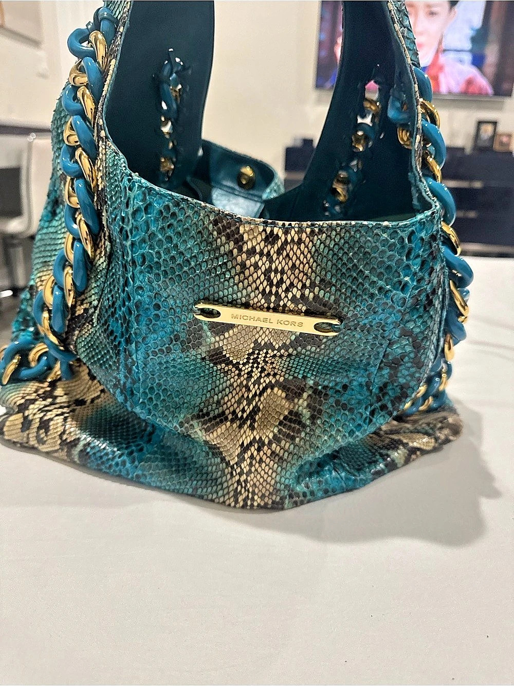 Michael Kors Snakeskin-Print Hobo in Blue & Brown